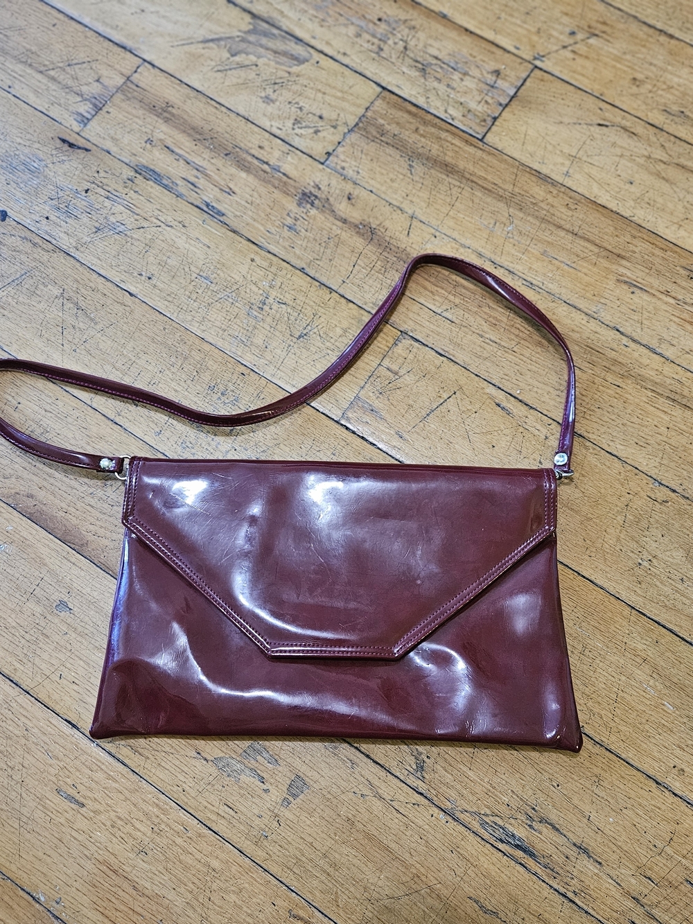 ​LONI Burgundy Patent Envelope Clutch Bag - Made in UK - Oxblood Crossbody